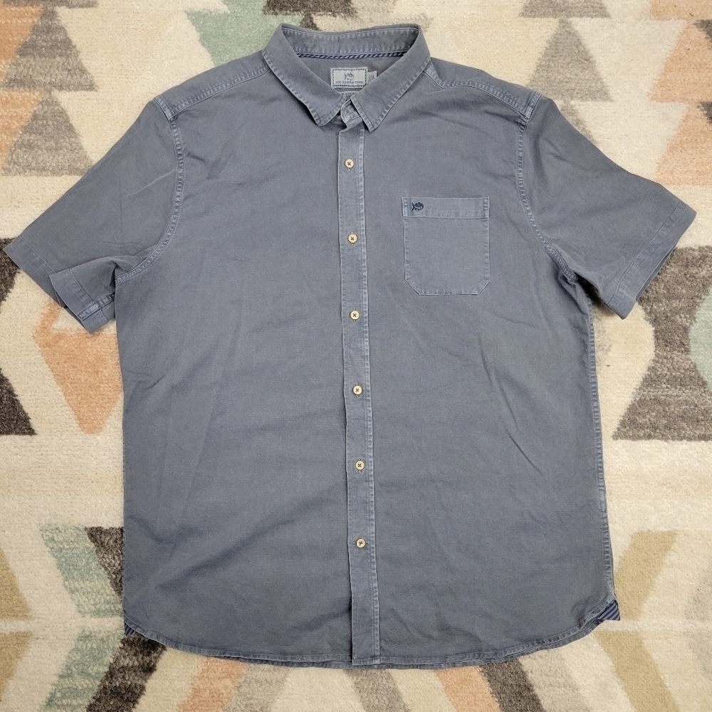 Southern Tide Blue Short Sleeve Button-Up Collared Shirt, Size XL